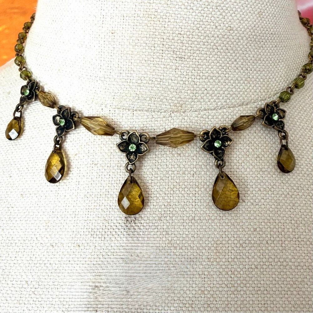 Vintage 1928 Jewelry Yellow Green Floral Teardrop Necklace